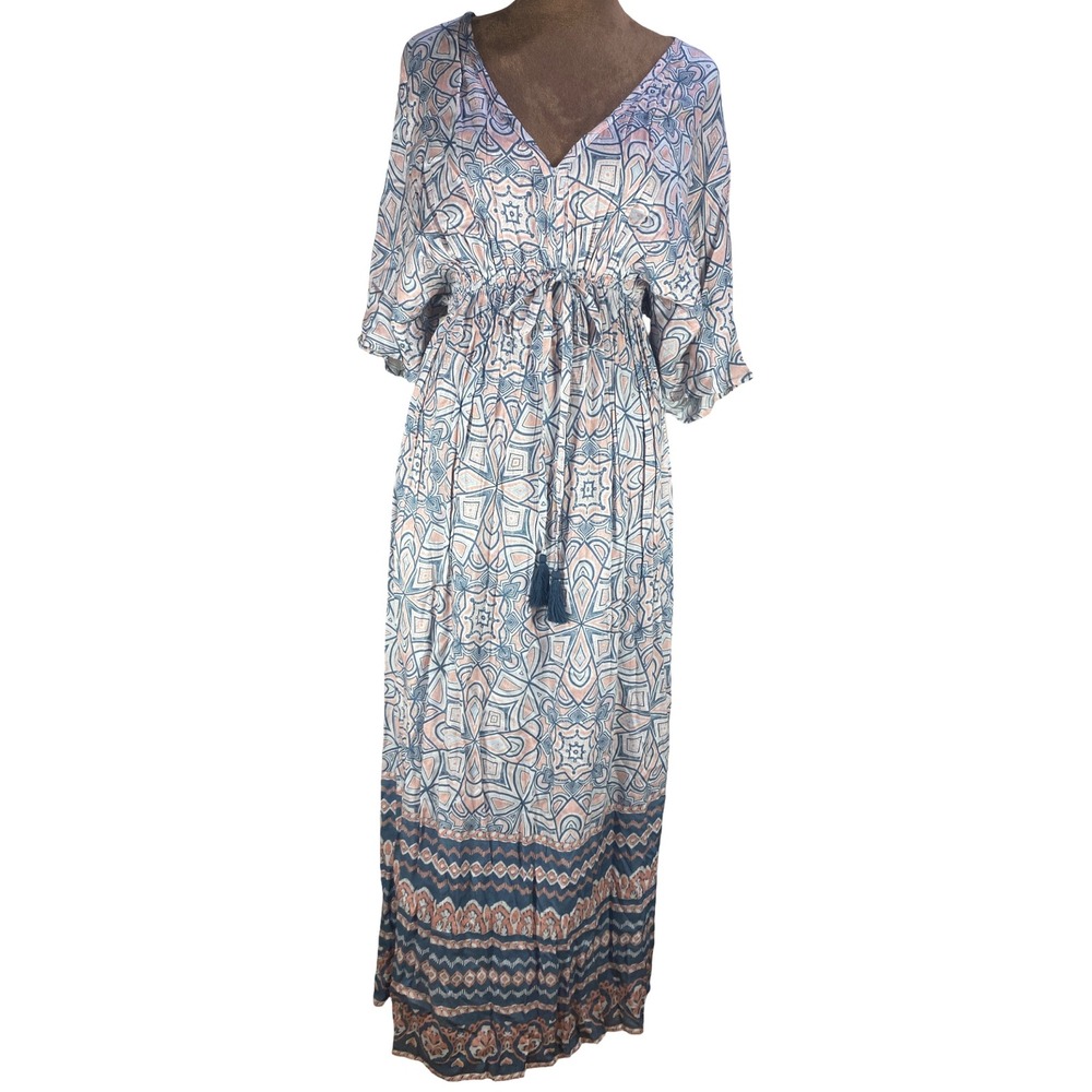 NWT World Market Boho Coastal Maxi Dress Tassel Waist Small rayon beach vacation